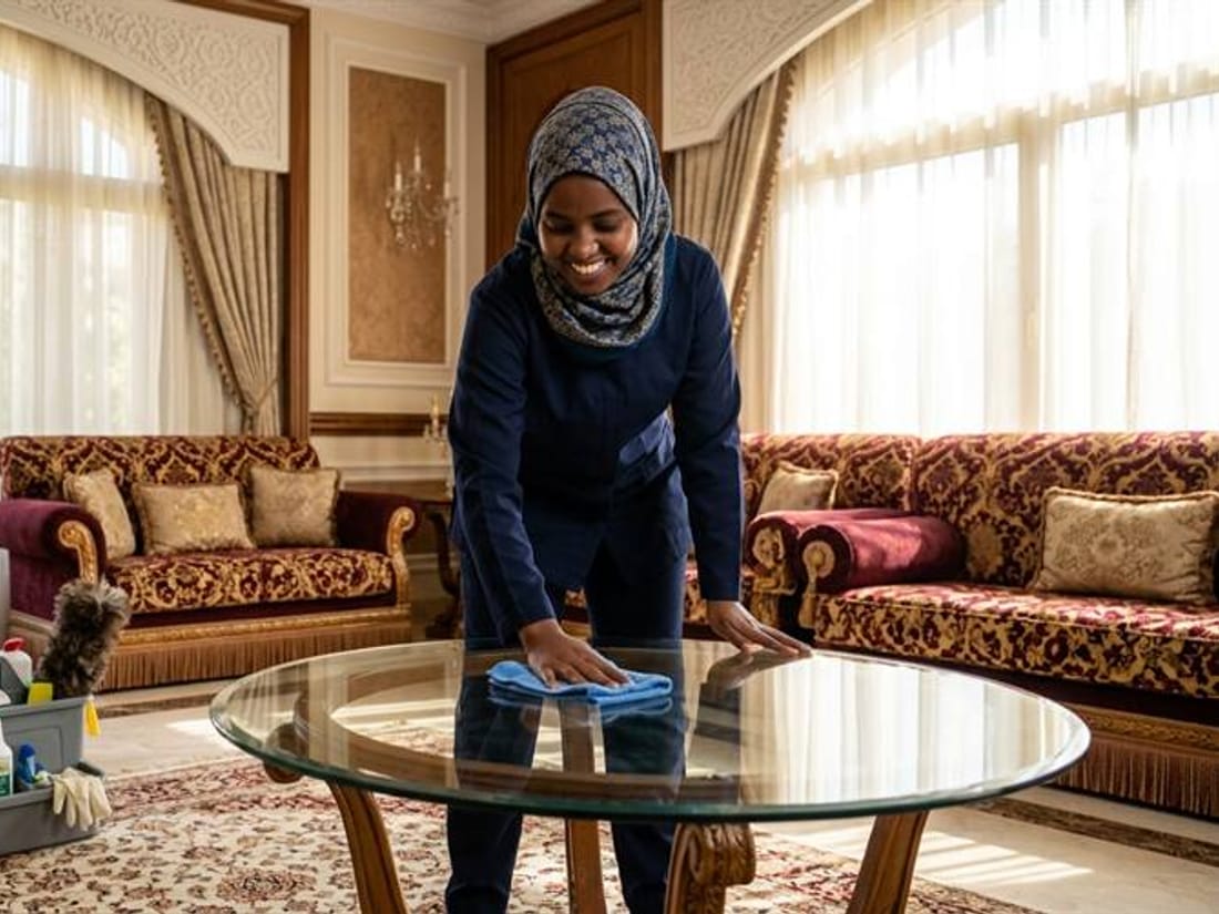 عاملة منزلية تنظّف طاولة زجاجية في صالة منزل بالرياض