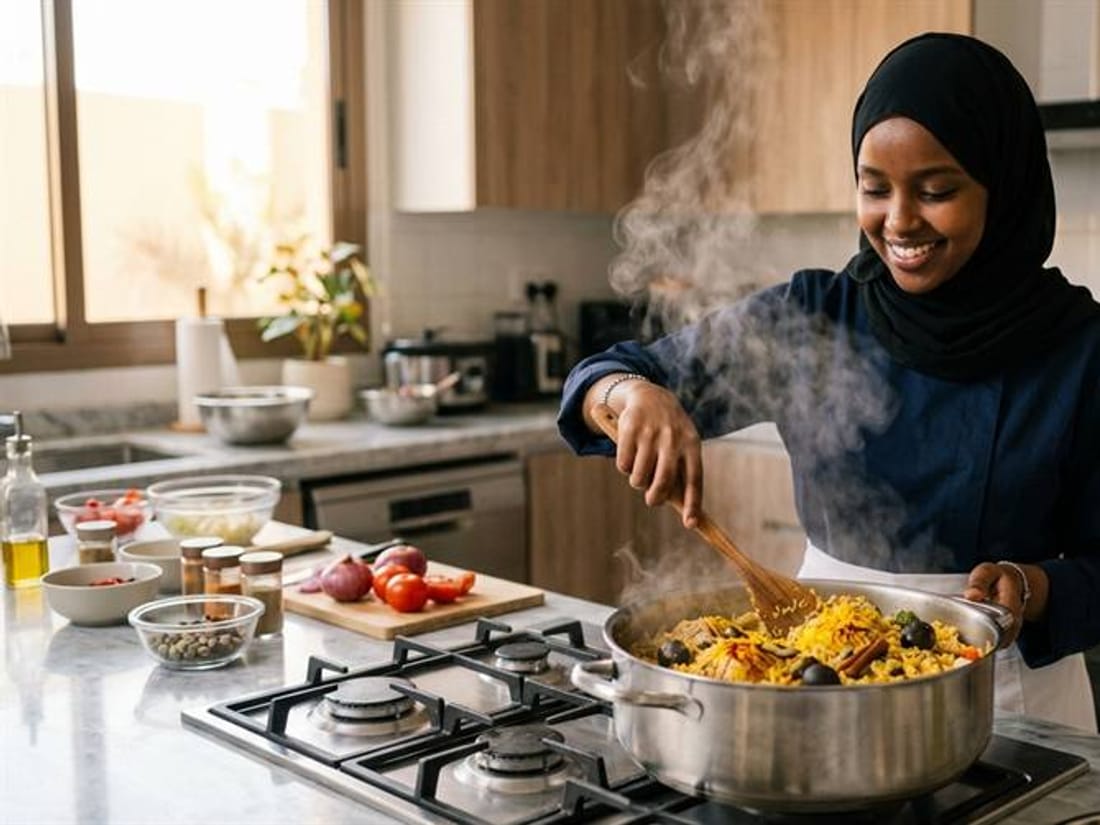 طاهية تُعدّ وجبة عائلية في مطبخ فيلا بالرياض