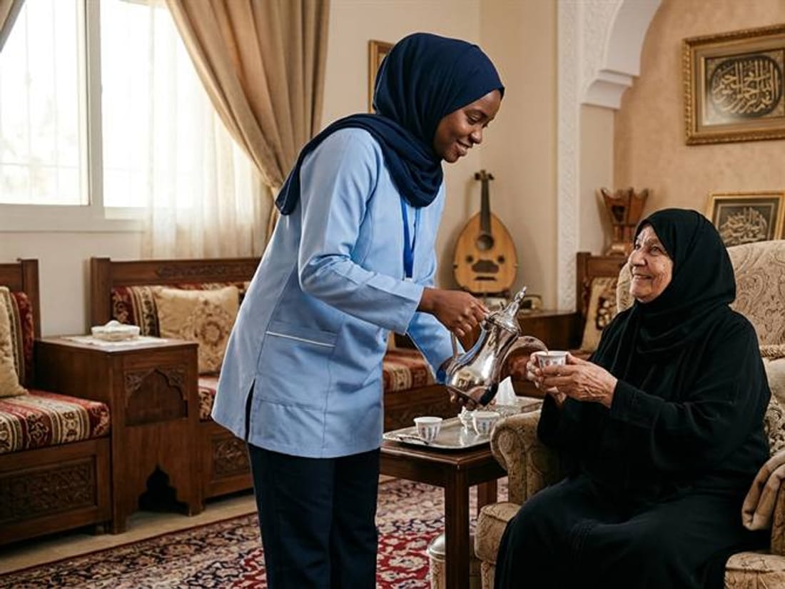 مقدّمة رعاية تساعد سيدة مسنّة جالسة في صالة منزلها